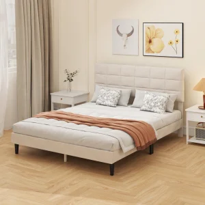 HOMCOM King Size Bed Frame with Upholstered Headboard, Modern Platform Bed Frame with Wood Slats, 1100 lbs Capacity, Cream White - Image 4
