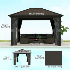 Outsunny 10' x 12' Outdoor Hardtop Gazebo Metal Roof Patio Gazebo with Aluminum Frame, Mesh Nettings, Dark Grey - Image 8