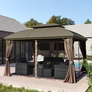 Outsunny 10' x 12' Hardtop Gazebo Canopy with Double Roof, Netting and Curtains for Garden, Backyard, Deck, Coffee - Image 7