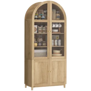 HOMCOM Arched Kitchen Pantry Cabinet, 71" Tall Farmhouse Kitchen Storage Cabinet with Acrylic Glass Doors, Oak - Image 3