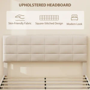 HOMCOM King Size Bed Frame with Upholstered Headboard, Modern Platform Bed Frame with Wood Slats, 1100 lbs Capacity, Cream White - Image 6