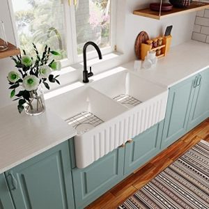 White fireclay reversible apron-front kitchen sink 33" x 18" - Image 6