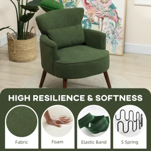Modern Accent Chair, Upholstered Armchair with Solid Wood Legs and Lumbar Pillow for Living Room, Green - Image 6
