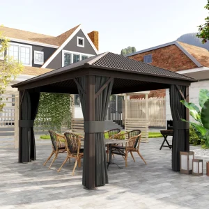Outsunny 10' x 12' Outdoor Hardtop Gazebo Metal Roof Patio Gazebo with Aluminum Frame, Mesh Nettings, Dark Grey - Image 6