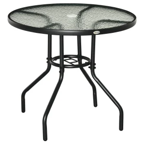 31.5" Round Outdoor Dining Table with Umbrella Hole, Patio Coffee End Side Bistro Table with Tempered Glass Top, Steel Frame for Backyard. - Image 1