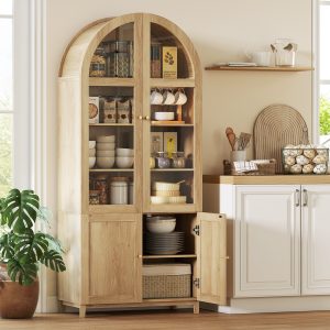 HOMCOM Arched Kitchen Pantry Cabinet, 71" Tall Farmhouse Kitchen Storage Cabinet with Acrylic Glass Doors, Oak - Image 2