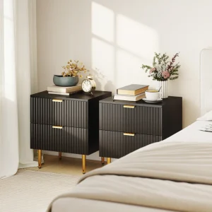 HOMCOM Bedside Table Set of 2, Modern Nightstand with 2 Drawers, Side End Table with Metal Legs for Living Room, Bedroom, Black - Image 2