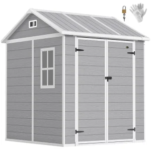 Outsunny 6' x 6' Resin Outdoor Storage Shed with Floor, Window, Lockable Doors and Vents for Backyard Patio Lawn, Grey - Image 2