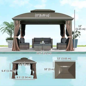 Outsunny 10' x 12' Hardtop Gazebo Canopy with Double Roof, Netting and Curtains for Garden, Backyard, Deck, Coffee - Image 8