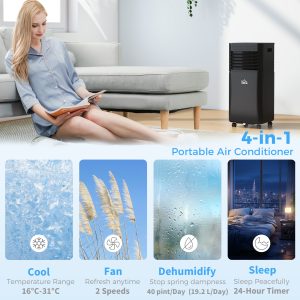 HOMCOM 10000 BTU Portable Air Conditioner with Fan & Dehumidifier Mode, Quiet AC Unit with Remote Control, 24-Hour Timer, Black - Image 4