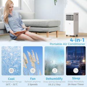 HOMCOM 10000 BTU Portable Air Conditioner with Fan & Dehumidifier Mode, Quiet AC Unit with Remote Control, 24-Hour Timer, White - Image 4