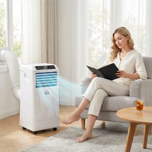 HOMCOM 10,000BTU Mobile Portable Air Conditioner with Cooling, Dehumidifier, 2 Speed Fans, 24-Hour Timer for Bedroom, White - Image 1