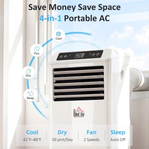 HOMCOM 10,000BTU Mobile Portable Air Conditioner with Cooling, Dehumidifier, 2 Speed Fans, 24-Hour Timer for Bedroom, White - Image 15