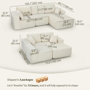 HOMCOM 2-in-1 Modular Sectional Sofa, Boneless L Shaped Couch Sofa Bed, Cream White - Image 3