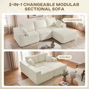 HOMCOM 2-in-1 Modular Sectional Sofa, Boneless L Shaped Couch Sofa Bed, Cream White - Image 4