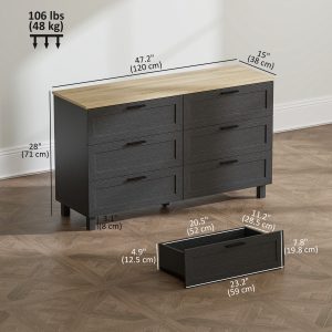 HOMCOM 47" Wide Chest of Drawers, Modern Dresser with 6 Drawers and Wood Legs for Bedroom, Living Room, Entryway, Black - Image 3