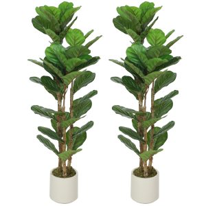 HOMCOM 4FT Artificial Fiddle Leaf Fig Tree Set of 2, Fake Potted Tree with Solid Wood Trunks for Indoor Decor, Green - Image 2