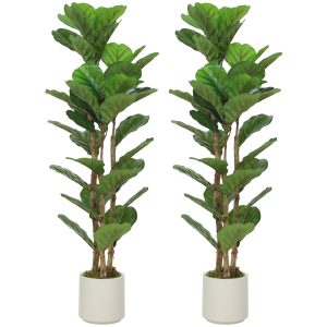 HOMCOM 4FT Artificial Fiddle Leaf Fig Tree Set of 2, Fake Potted Tree with Solid Wood Trunks for Indoor Decor, Green - Image 11