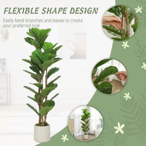 HOMCOM 4FT Artificial Fiddle Leaf Fig Tree Set of 2, Fake Potted Tree with Solid Wood Trunks for Indoor Decor, Green - Image 6