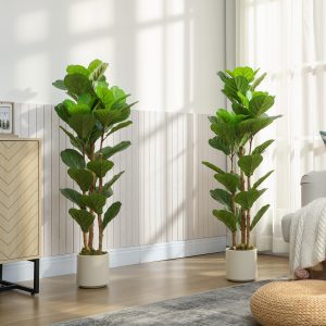 HOMCOM 4FT Artificial Fiddle Leaf Fig Tree Set of 2, Fake Potted Tree with Solid Wood Trunks for Indoor Decor, Green - Image 10