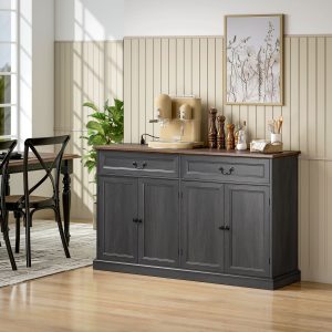 HOMCOM 55" Farmhouse Sideboard Buffet Cabinet with Charging Station, 2 Drawers and 2 Adjustable Shelves, Black Wood Grain - Image 1