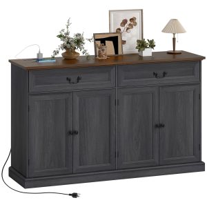 HOMCOM 55" Farmhouse Sideboard Buffet Cabinet with Charging Station, 2 Drawers and 2 Adjustable Shelves, Black Wood Grain - Image 2