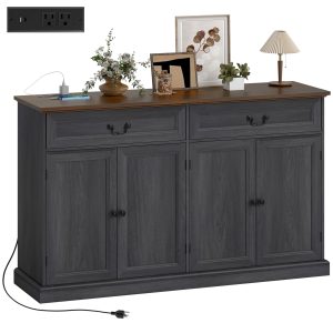 HOMCOM 55" Farmhouse Sideboard Buffet Cabinet with Charging Station, 2 Drawers and 2 Adjustable Shelves, Black Wood Grain - Image 11