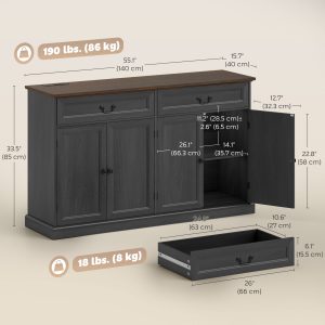 HOMCOM 55" Farmhouse Sideboard Buffet Cabinet with Charging Station, 2 Drawers and 2 Adjustable Shelves, Black Wood Grain - Image 3