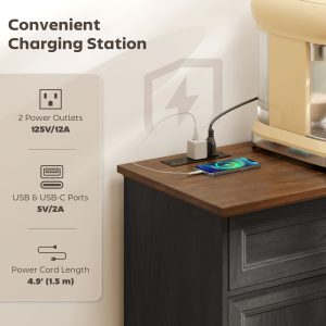 HOMCOM 55" Farmhouse Sideboard Buffet Cabinet with Charging Station, 2 Drawers and 2 Adjustable Shelves, Black Wood Grain - Image 4