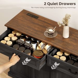 HOMCOM 55" Farmhouse Sideboard Buffet Cabinet with Charging Station, 2 Drawers and 2 Adjustable Shelves, Black Wood Grain - Image 6