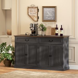 HOMCOM 55" Farmhouse Sideboard Buffet Cabinet with Charging Station, 2 Drawers and 2 Adjustable Shelves, Black Wood Grain - Image 8
