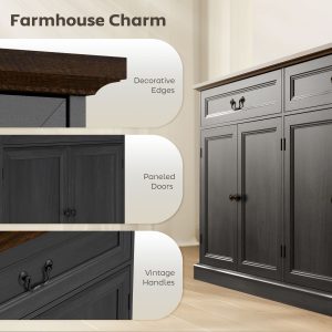 HOMCOM 55" Farmhouse Sideboard Buffet Cabinet with Charging Station, 2 Drawers and 2 Adjustable Shelves, Black Wood Grain - Image 9