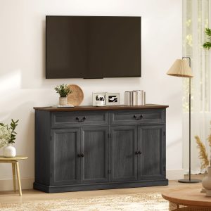 HOMCOM 55" Farmhouse Sideboard Buffet Cabinet with Charging Station, 2 Drawers and 2 Adjustable Shelves, Black Wood Grain - Image 10