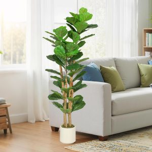 HOMCOM 5FT Artificial Fiddle Leaf Fig Tree, Fake Potted Tree with Solid Wood Trunks for Indoor Decor, Green - Image 1