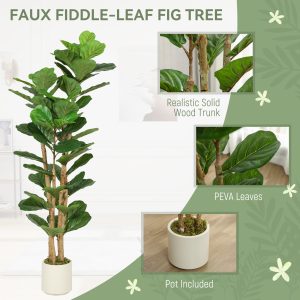 HOMCOM 5FT Artificial Fiddle Leaf Fig Tree, Fake Potted Tree with Solid Wood Trunks for Indoor Decor, Green - Image 4