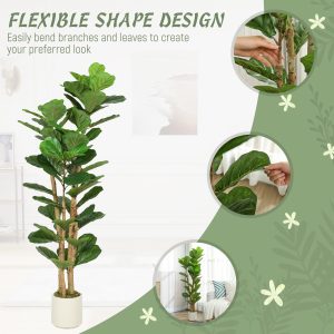 HOMCOM 5FT Artificial Fiddle Leaf Fig Tree, Fake Potted Tree with Solid Wood Trunks for Indoor Decor, Green - Image 6