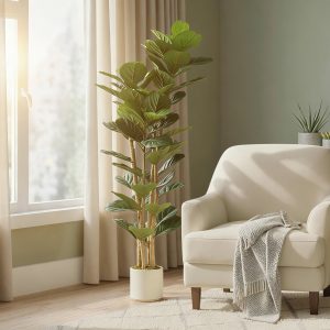 HOMCOM 5FT Artificial Fiddle Leaf Fig Tree, Fake Potted Tree with Solid Wood Trunks for Indoor Decor, Green - Image 9