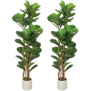 HOMCOM 5FT Artificial Fiddle Leaf Fig Tree Set of 2, Fake Potted Tree with Solid Wood Trunks for Indoor Decor, Green - Image 2