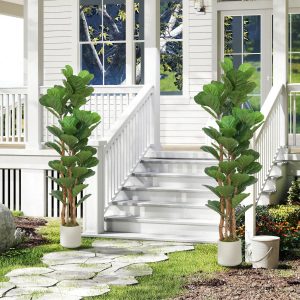 HOMCOM 5FT Artificial Fiddle Leaf Fig Tree Set of 2, Fake Potted Tree with Solid Wood Trunks for Indoor Decor, Green - Image 1