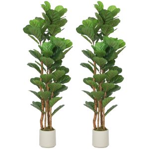 HOMCOM 5FT Artificial Fiddle Leaf Fig Tree Set of 2, Fake Potted Tree with Solid Wood Trunks for Indoor Decor, Green - Image 21
