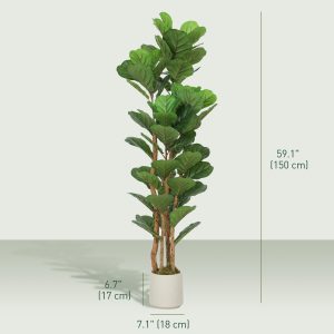 HOMCOM 5FT Artificial Fiddle Leaf Fig Tree Set of 2, Fake Potted Tree with Solid Wood Trunks for Indoor Decor, Green - Image 13