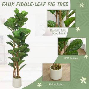 HOMCOM 5FT Artificial Fiddle Leaf Fig Tree Set of 2, Fake Potted Tree with Solid Wood Trunks for Indoor Decor, Green - Image 14