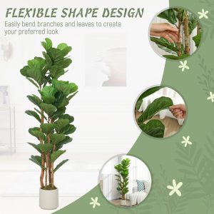 HOMCOM 5FT Artificial Fiddle Leaf Fig Tree Set of 2, Fake Potted Tree with Solid Wood Trunks for Indoor Decor, Green - Image 6