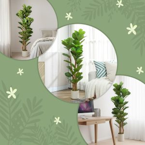 HOMCOM 5FT Artificial Fiddle Leaf Fig Tree Set of 2, Fake Potted Tree with Solid Wood Trunks for Indoor Decor, Green - Image 7