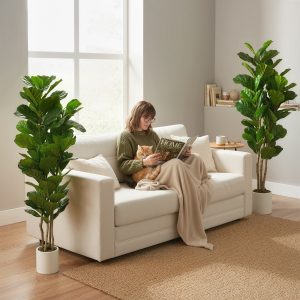 HOMCOM 5FT Artificial Fiddle Leaf Fig Tree Set of 2, Fake Potted Tree with Solid Wood Trunks for Indoor Decor, Green - Image 9