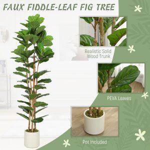 HOMCOM 6FT Artificial Fiddle Leaf Fig Tree, Fake Potted Tree with Solid Wood Trunks and Lifelike Leaves for Indoor Decor, Green - Image 4