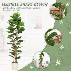HOMCOM 6FT Artificial Fiddle Leaf Fig Tree, Fake Potted Tree with Solid Wood Trunks and Lifelike Leaves for Indoor Decor, Green - Image 6
