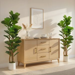 HOMCOM 6FT Artificial Fiddle Leaf Fig Tree Set of 2, Fake Potted Tree with Solid Wood Trunks for Indoor Decor, Green - Image 1