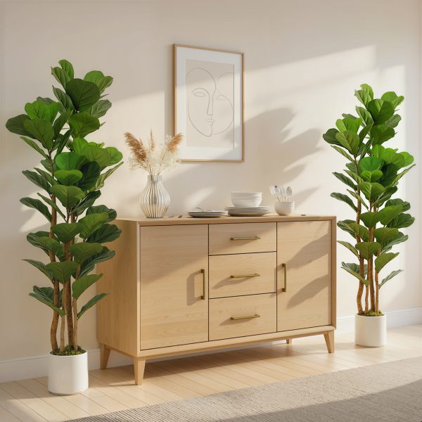 HOMCOM 6FT Artificial Fiddle Leaf Fig Tree Set of 2, Fake Potted Tree with Solid Wood Trunks for Indoor Decor, Green - Image 1