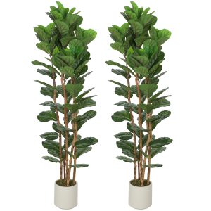 HOMCOM 6FT Artificial Fiddle Leaf Fig Tree Set of 2, Fake Potted Tree with Solid Wood Trunks for Indoor Decor, Green - Image 22